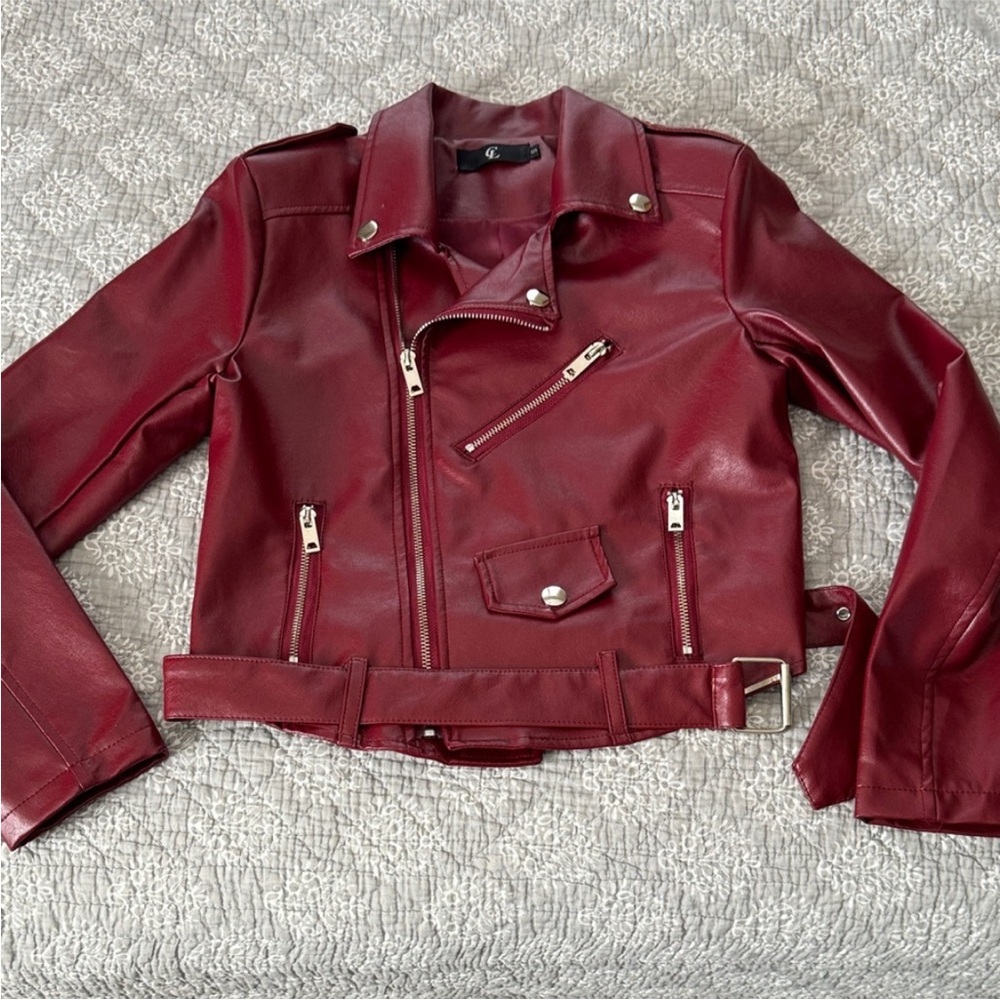 CL Red Faux Leather Biker Jacket Silver Details Size Small